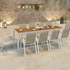Salon de jardin table 240 CM plateau verre trempé effet bois et 10 chaises empilables blanc et bois