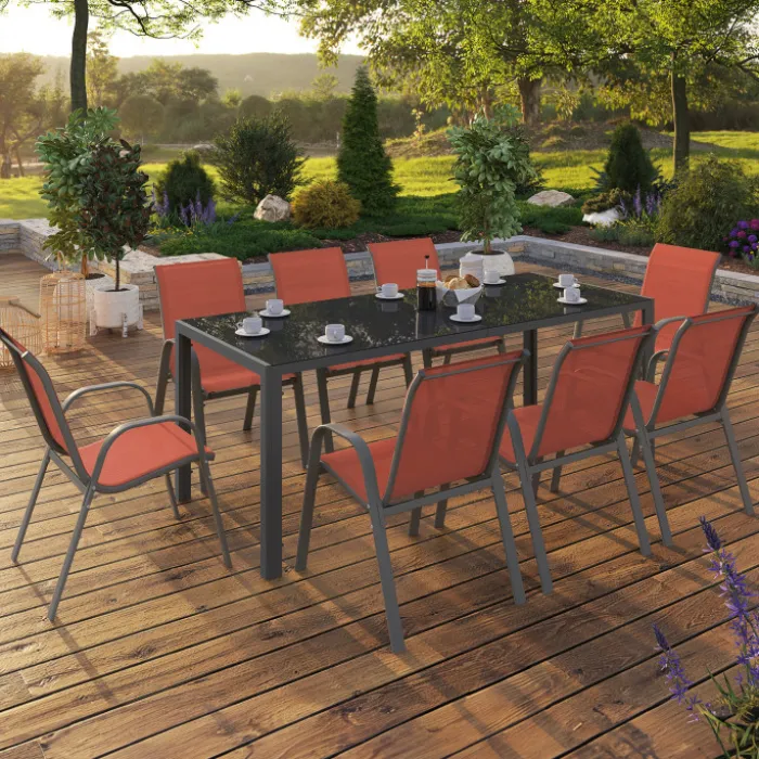 Salon de jardin table 190cm et 8 chaises empilables terracotta