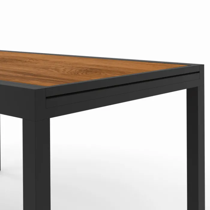 Salon de jardin table extensible avec plateau verre trempé effet bois et chaises empilables