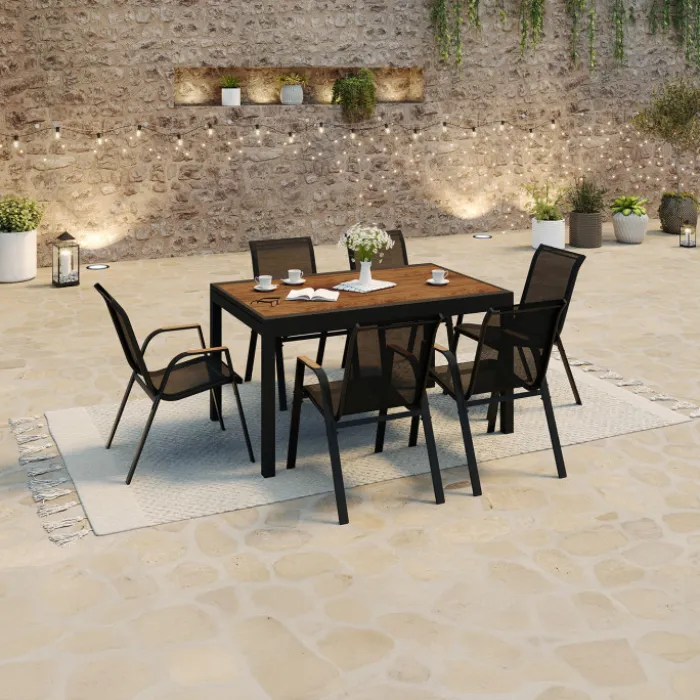 Salon de jardin table extensible avec plateau verre trempé effet bois et chaises empilables