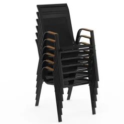 Salon de jardin table extensible avec plateau verre trempé effet bois et chaises empilables