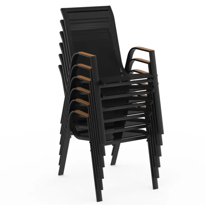 Salon de jardin table extensible avec plateau verre trempé effet bois et chaises empilables