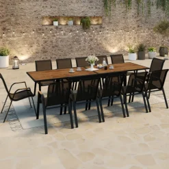 Salon de jardin table extensible avec plateau verre trempé effet bois et chaises empilables