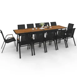 Salon de jardin table extensible avec plateau verre trempé effet bois et chaises empilables