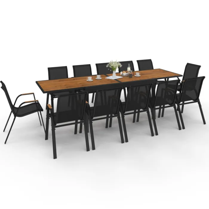 Salon de jardin table extensible avec plateau verre trempé effet bois et chaises empilables