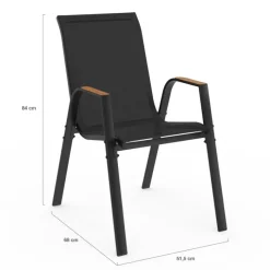 Salon de jardin table extensible avec plateau verre trempé effet bois et chaises empilables