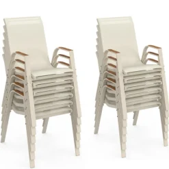 Salon de jardin table extensible 135/270 CM plateau verre trempé effet bois et 12 chaises empilables beige et bois
