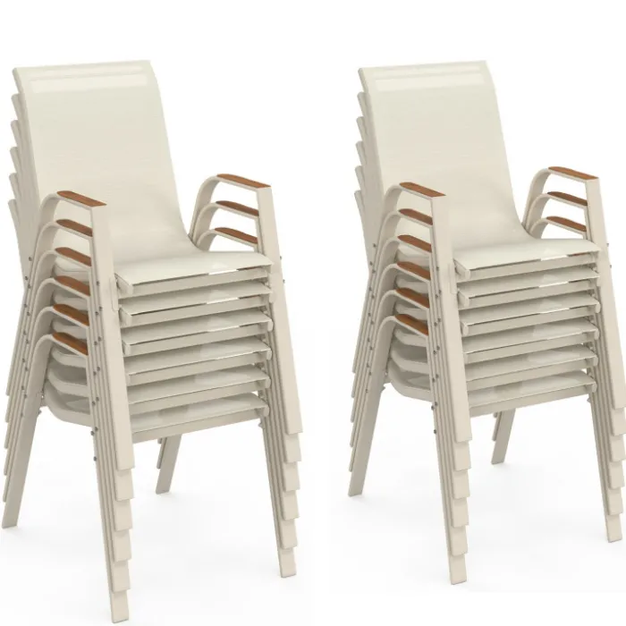 Salon de jardin table extensible 135/270 CM plateau verre trempé effet bois et 12 chaises empilables beige et bois