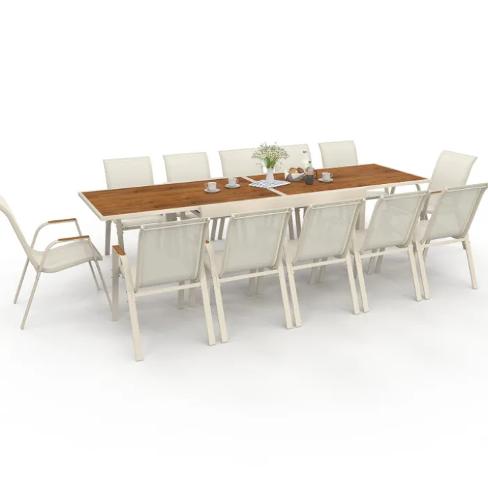 Salon de jardin table extensible 135/270 CM plateau verre trempé effet bois et 12 chaises empilables beige et bois