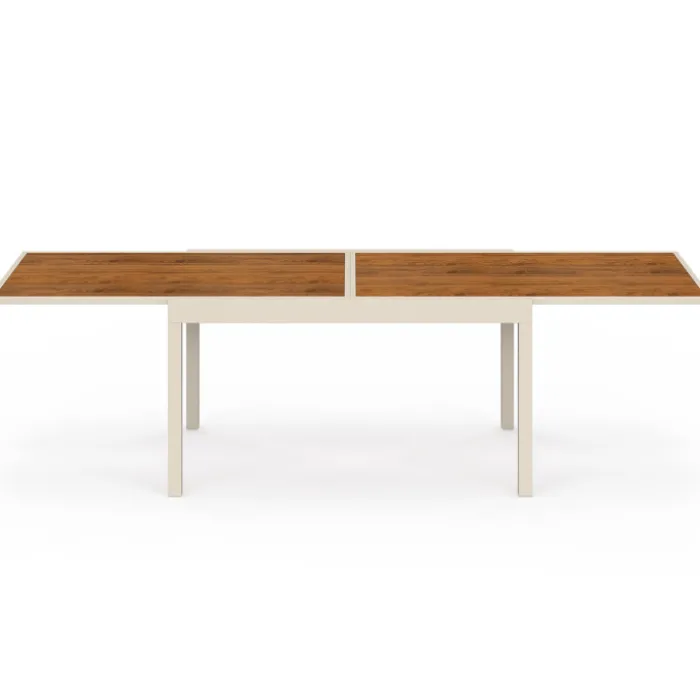 Salon de jardin table extensible 135/270 CM plateau verre trempé effet bois et 12 chaises empilables beige et bois