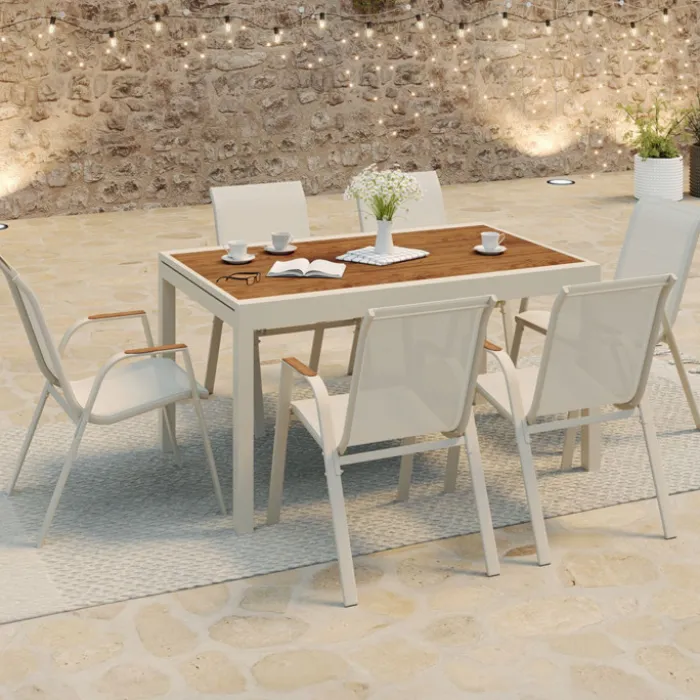 Salon de jardin table extensible 135/270 CM plateau verre trempé effet bois et 12 chaises empilables beige et bois