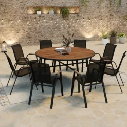 Salon de jardin table ronde 150 cm plateau verre trempé effet bois et 8 chaises empilables noir et bois