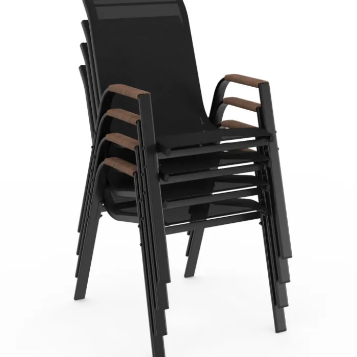 Salon de jardin table ronde 150 cm plateau verre trempé effet bois et 8 chaises empilables noir et bois