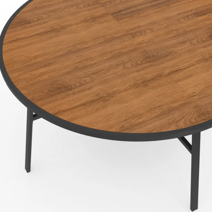 Salon de jardin table ronde 150 cm plateau verre trempé effet bois et 8 chaises empilables noir et bois