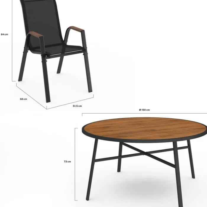 Salon de jardin table ronde 150 cm plateau verre trempé effet bois et 8 chaises empilables noir et bois