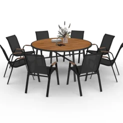 Salon de jardin table ronde 150 cm plateau verre trempé effet bois et 8 chaises empilables noir et bois