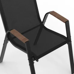 Salon de jardin table ronde 150 cm plateau verre trempé effet bois et 8 chaises empilables noir et bois