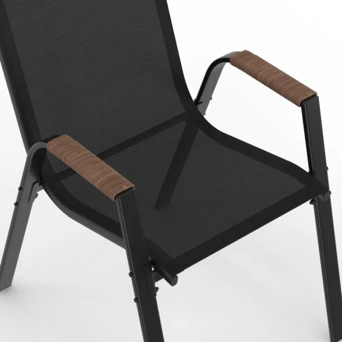 Salon de jardin table ronde 150 cm plateau verre trempé effet bois et 8 chaises empilables noir et bois