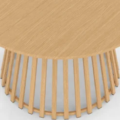 Salon de jardin table ronde 120 cm avec pied lattes en métal et 6 chaises de jardin avec lanières et coussins beiges