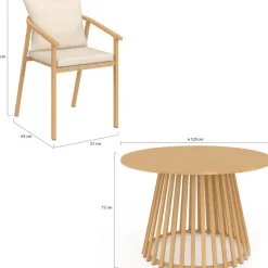 Salon de jardin table ronde 120 cm avec pied lattes en métal et 6 chaises de jardin avec lanières et coussins beiges