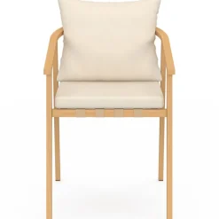 Salon de jardin table ronde 120 cm avec pied lattes en métal et 6 chaises de jardin avec lanières et coussins beiges