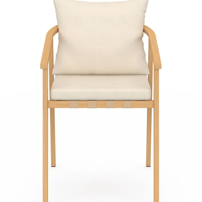 Salon de jardin table ronde 120 cm avec pied lattes en métal et 6 chaises de jardin avec lanières et coussins beiges