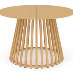 Salon de jardin table ronde 120 cm avec pied lattes en métal et 6 chaises de jardin avec lanières et coussins beiges