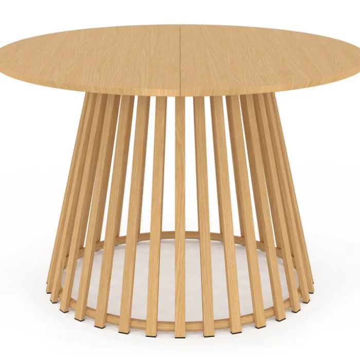 Salon de jardin table ronde 120 cm avec pied lattes en métal et 6 chaises de jardin avec lanières et coussins beiges
