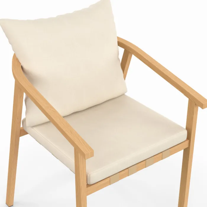 Salon de jardin table ronde 120 cm avec pied lattes en métal et 6 chaises de jardin avec lanières et coussins beiges
