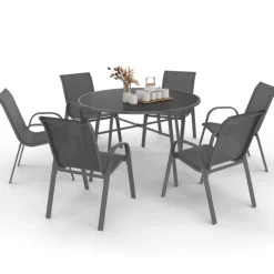 Salon de jardin table ronde 120 CM et 6 chaises empilables gris anthracite