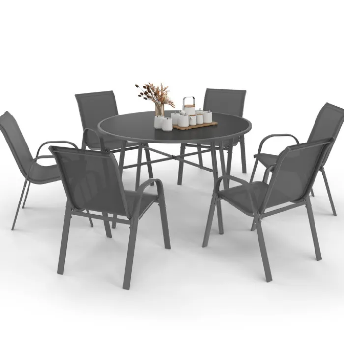 Salon de jardin table ronde 120 CM et 6 chaises empilables gris anthracite