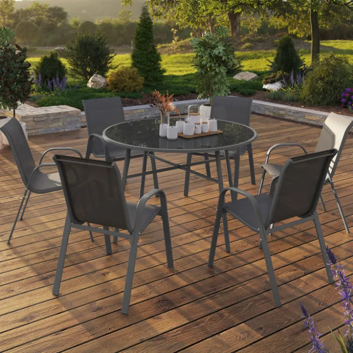 Salon de jardin table ronde 120 CM et 6 chaises empilables gris anthracite