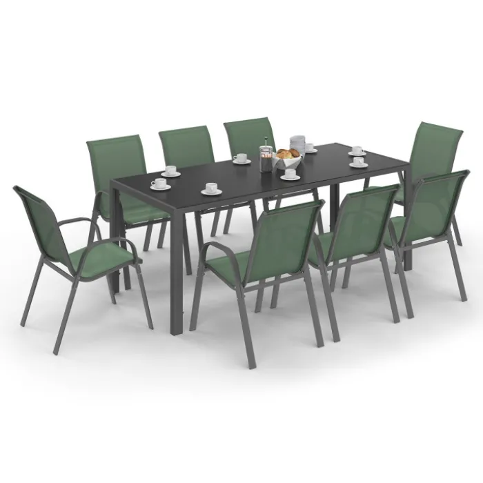 Salon de jardin vert olive avec table 190 cm et 8 chaises empilables