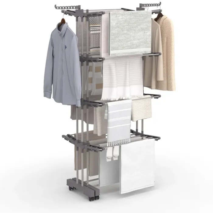 Séchoir à linge vertical pliable et extensible 4 niveaux capacité 50m inox et gris