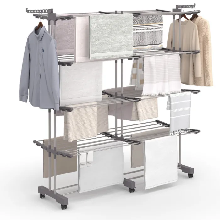 Séchoir à linge vertical pliable et extensible 4 niveaux capacité 50m inox et gris