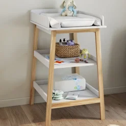 Table à langer avec 2 étagères façon hêtre et blanc