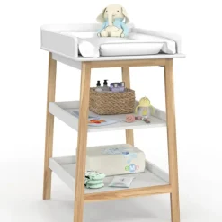 Table à langer avec 2 étagères façon hêtre et blanc