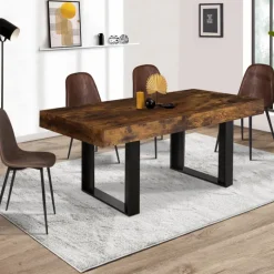 Table à manger 4 à 8 personnes bois effet vieilli et pieds noirs