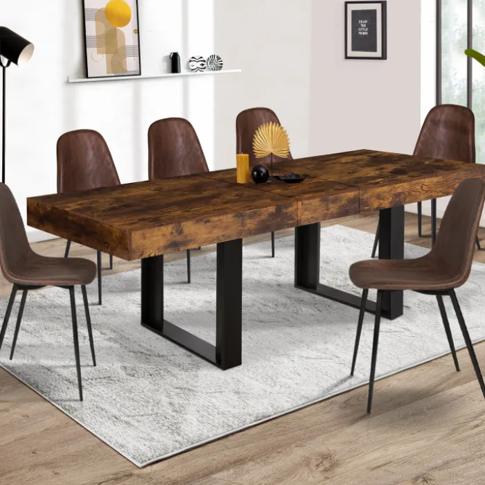Table à manger 4 à 8 personnes bois effet vieilli et pieds noirs