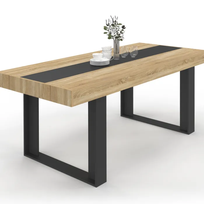 Table à manger 10 personnes en bois avec bande centrale noire
