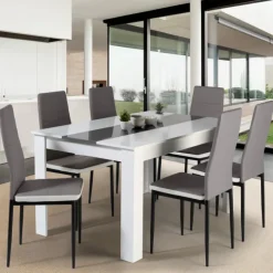 Table à manger blanche et grise 140 cm avec 6 chaises grises liseré blanc