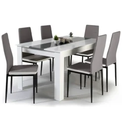 Table à manger blanche et grise 140 cm avec 6 chaises grises liseré blanc