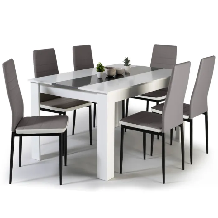 Table à manger blanche et grise 140 cm avec 6 chaises grises liseré blanc