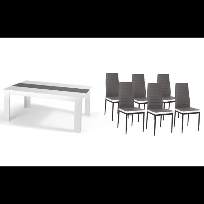 Table à manger blanche et grise 140 cm avec 6 chaises grises liseré blanc