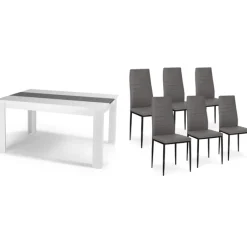 Table à manger blanche et grise 140 cm avec 6 chaises grises