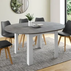 Table à manger blanche et plateau effet béton extensible ronde