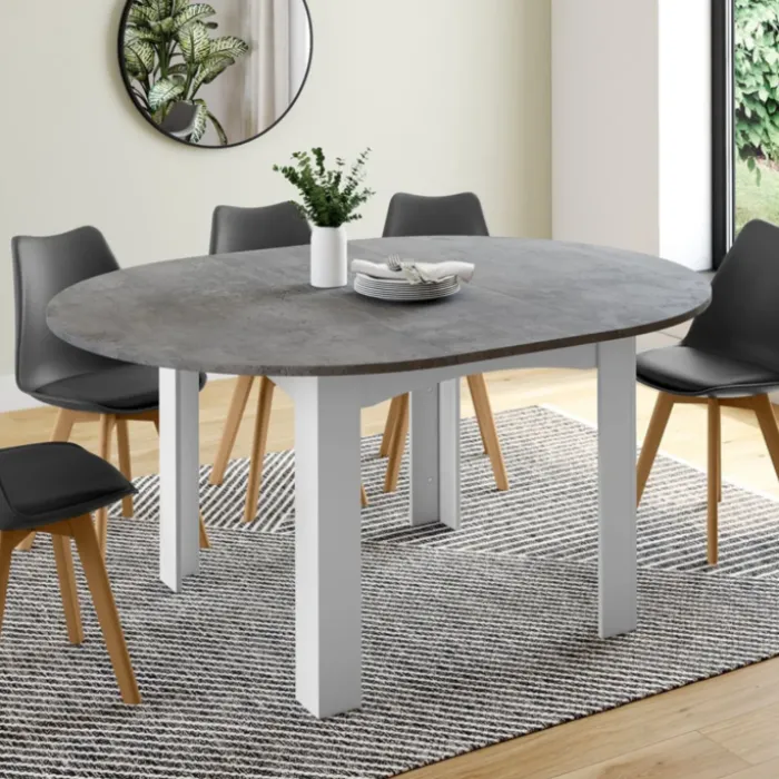 Table à manger blanche et plateau effet béton extensible ronde