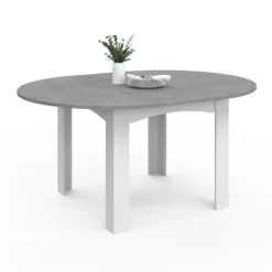 Table à manger blanche et plateau effet béton extensible ronde