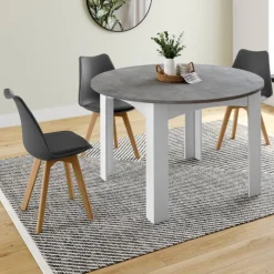 Table à manger blanche et plateau effet béton extensible ronde