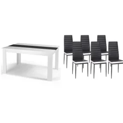 Table à manger blanche et noire 140 cm et 6 chaises noires liseré blanc